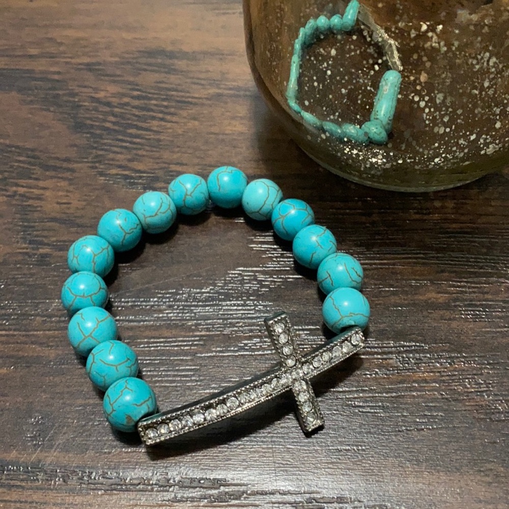Blue turquoise color beaded stretch cross bracelet